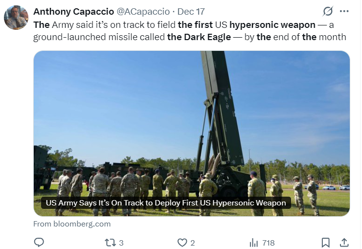 美国有望月底部署首款高超音速武器